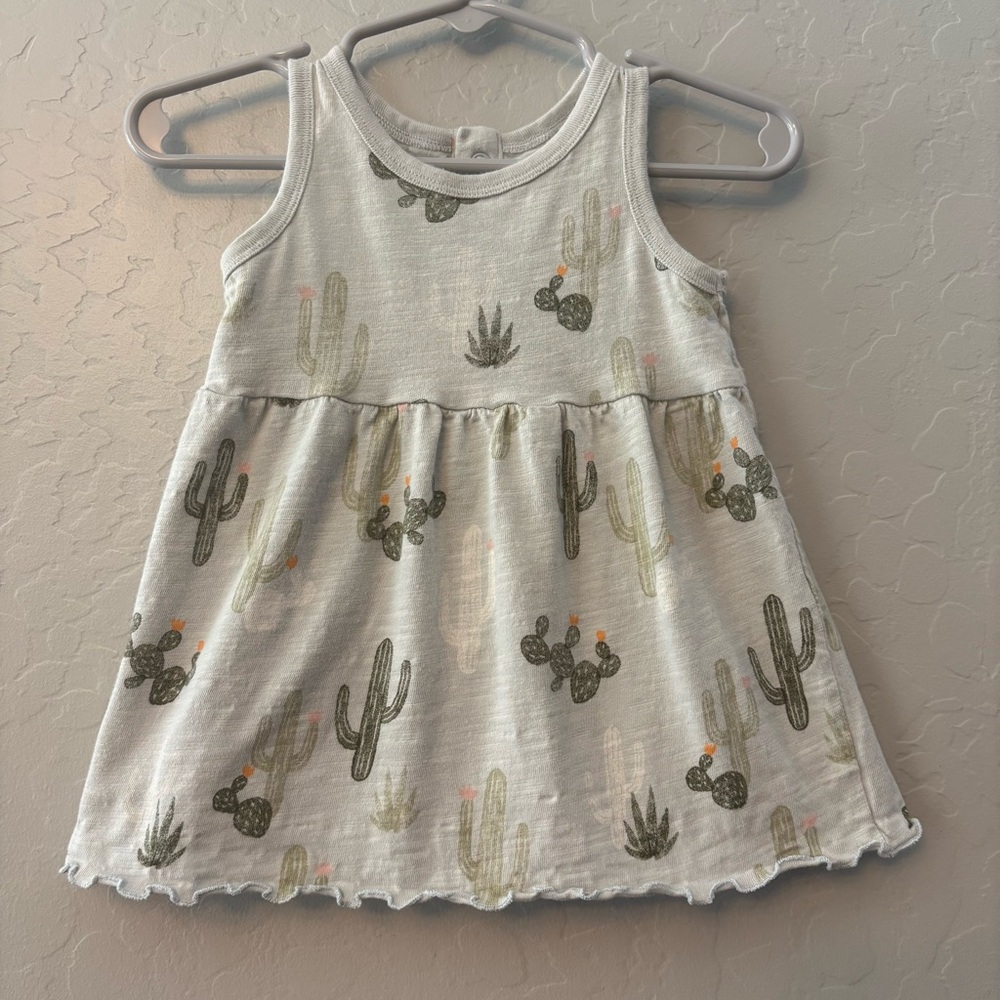 ⭐️Little Co sleeveless bluish green cactus print lettuce trim dress 6 months